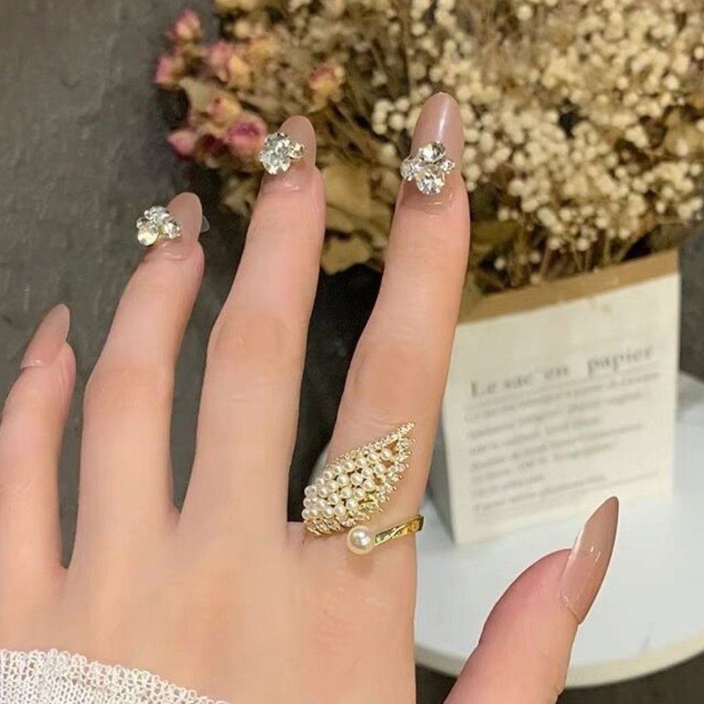 luxury pearl zircon stylish and unusual jewelry opening adjustable ring